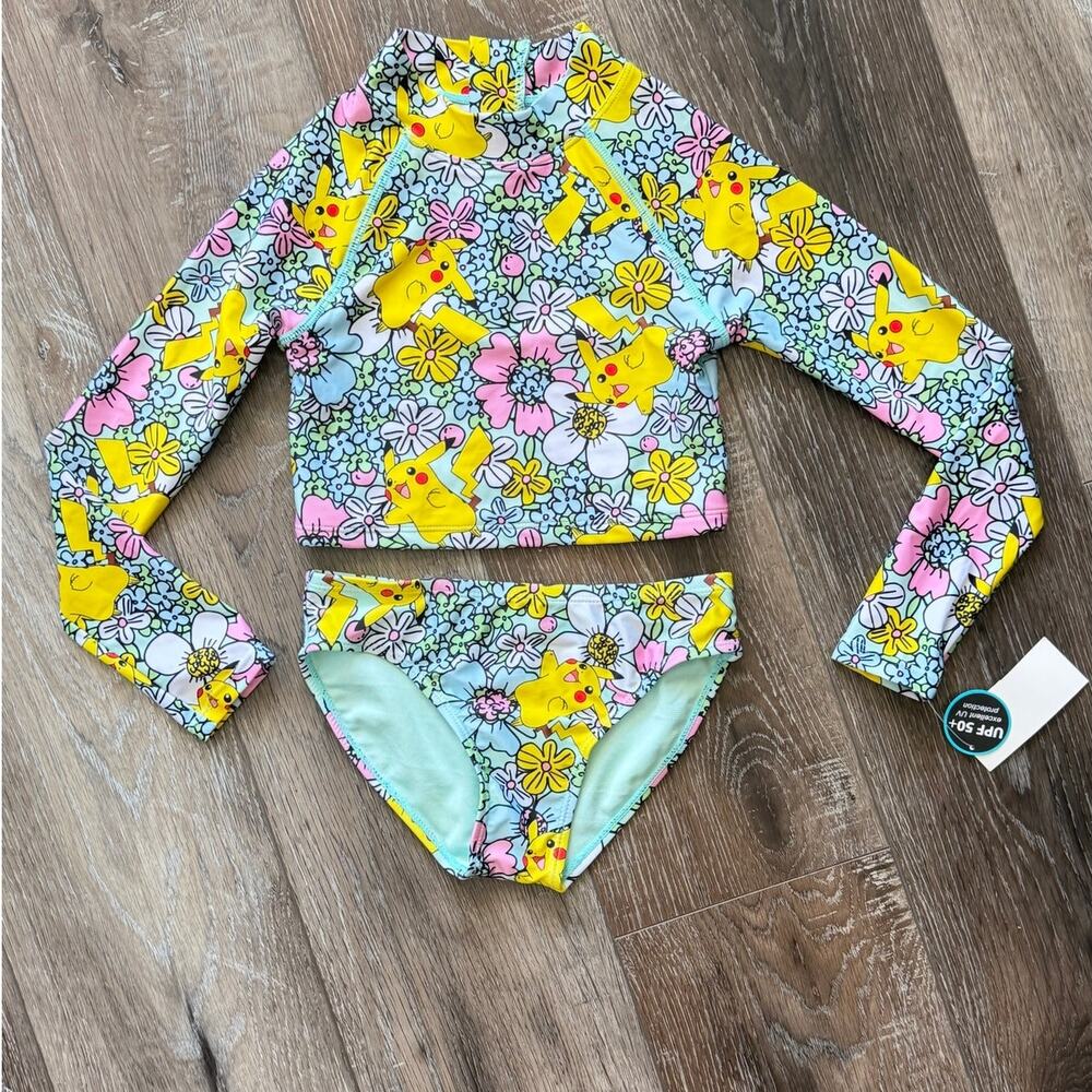 Pokémon Pikachu Floral Long Sleeve Bikini Set UPF 50+ Girls Size S 6/7 NWT